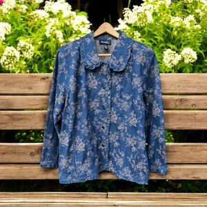 Denim & Co Denim Blue Jean Floral Jacket Button Front Pockets 3X Cottagecore